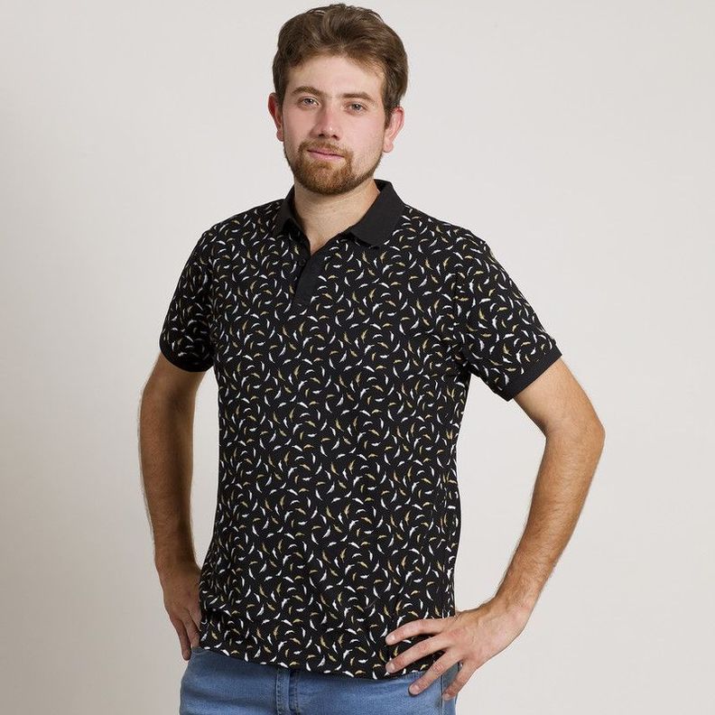 POLERA HOMBRE MC CUELLO POLO NEGRA / PLUMAS-1