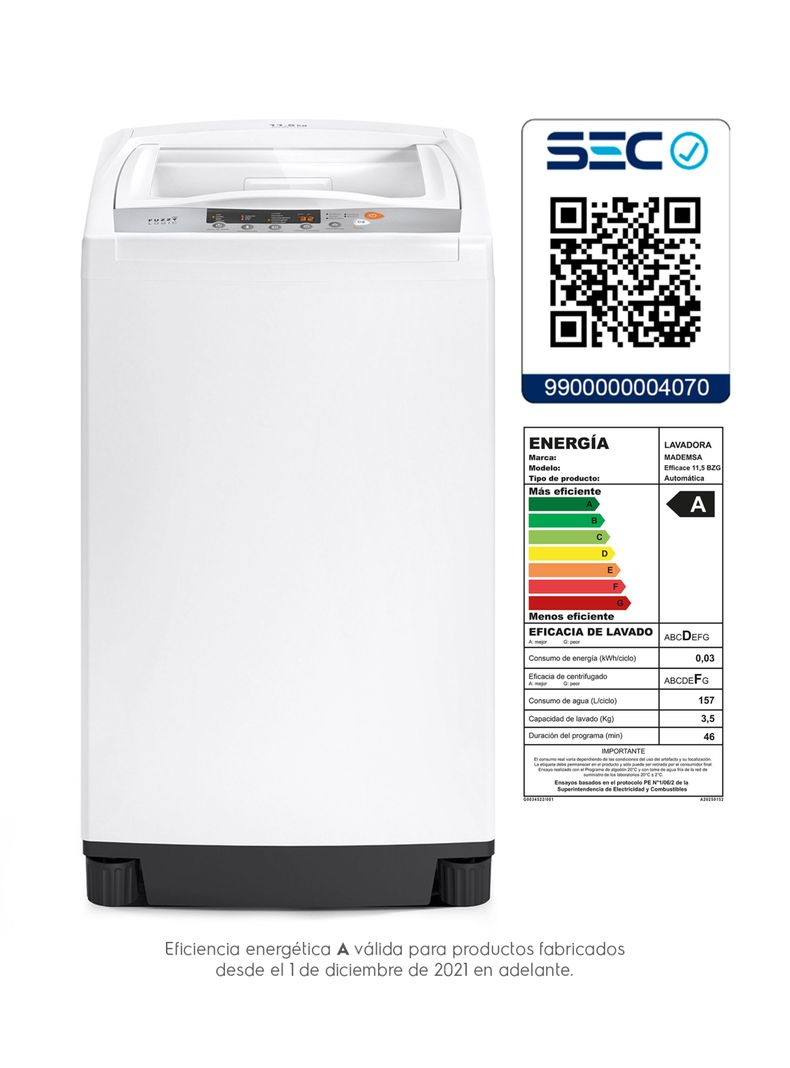 Lavadora Automática 11,5Kg Lavado Diferido Efficace 11,5 BZG-3