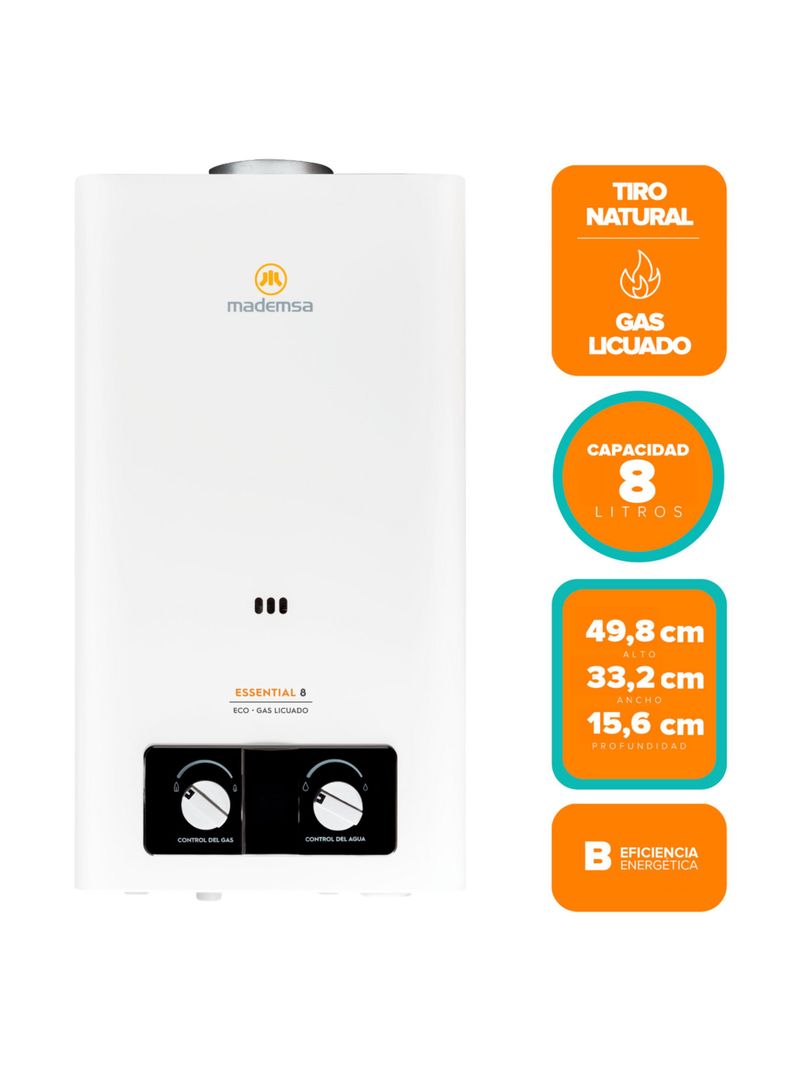 Calefont Gas Licuado 8 Litros Tiro Natural Essential 8 Eco-2