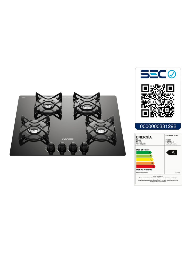 Encimera a Gas 4 Platos Fensa Vitrocerámica F GC60V A-7