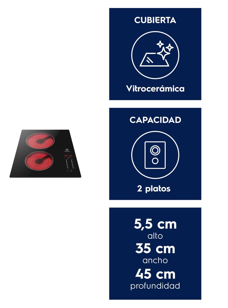 Encimera Eléctrica 2 Platos Vitrocerámica Panel Touch VE3ST-2