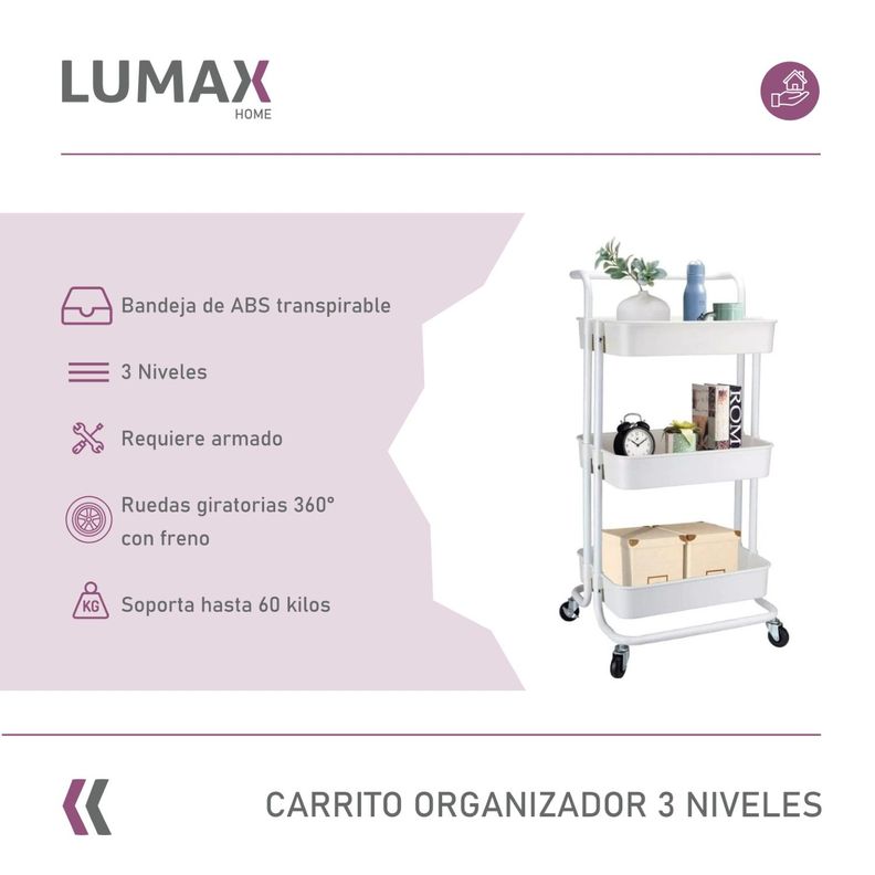 Carrito Organizador 3 Niveles Lumax con Ruedas Blanco-1