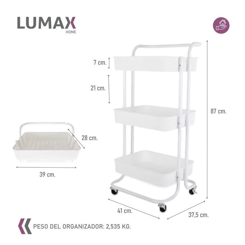Carrito Organizador 3 Niveles Lumax con Ruedas Blanco-2
