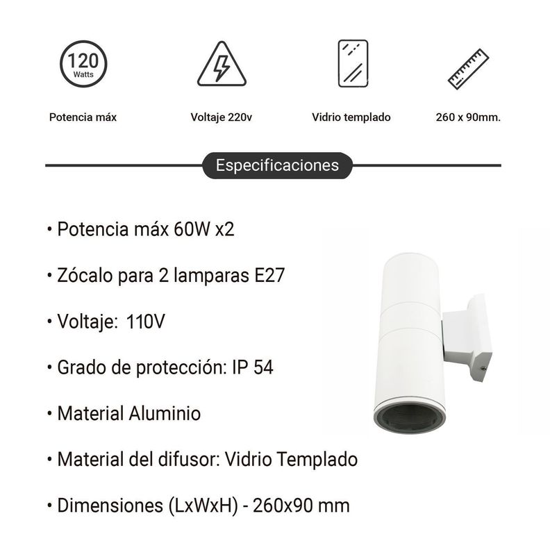 Aplique De Pared Exterior Doble E27 Stafford 26cm Blanco-2