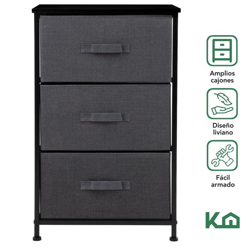 Cajonera Comoda 3 Cajones Organizador Tela Gris con Negro-1