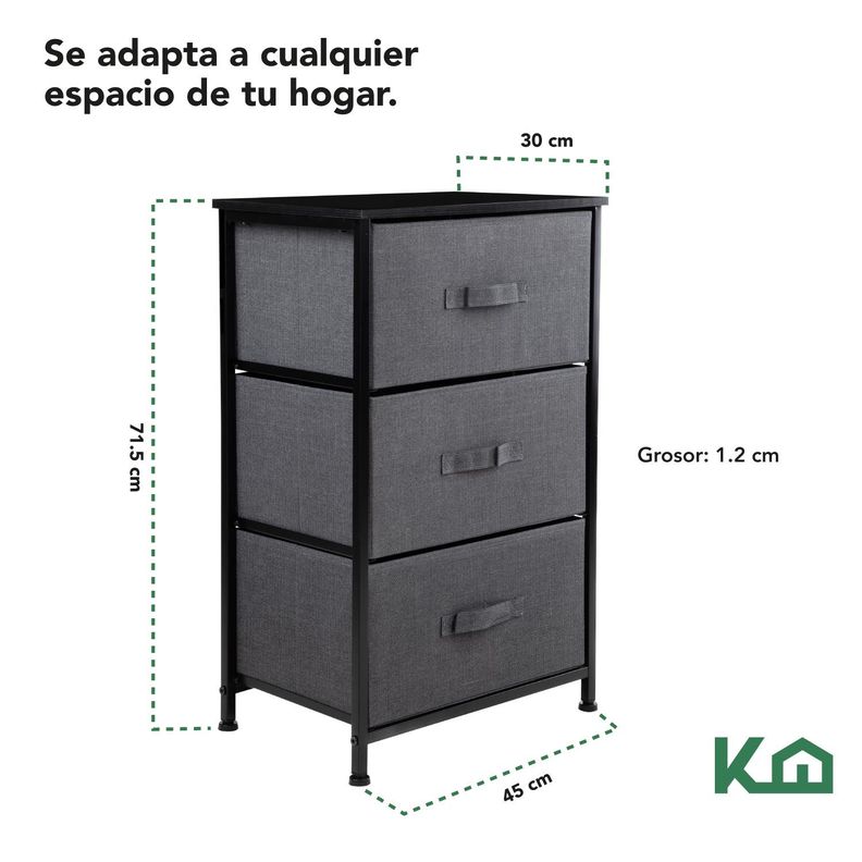Cajonera Comoda 3 Cajones Organizador Tela Gris con Negro-4