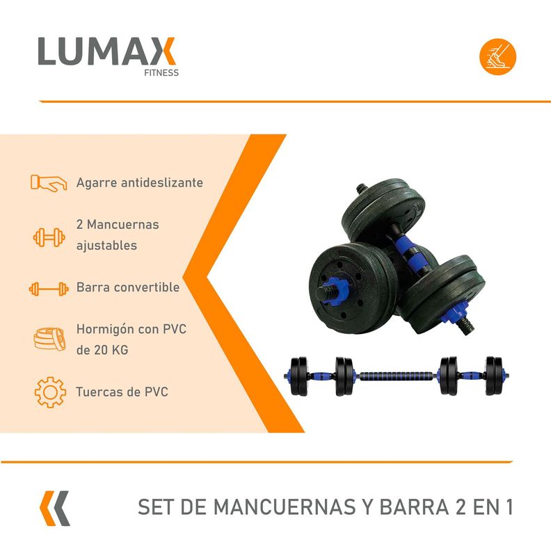 Set 2 Mancuernas + Barra 2 en 1 + 20kg Discos Pesa PVC-1