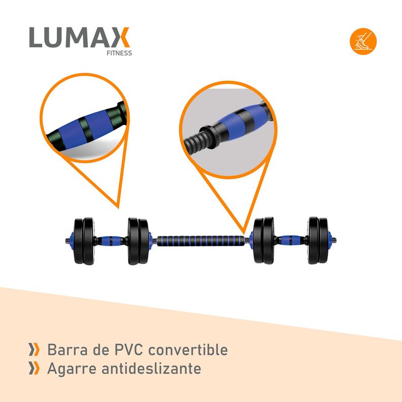 Set 2 Mancuernas + Barra 2 en 1 + 20kg Discos Pesa PVC-4