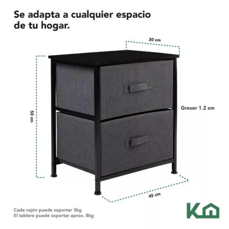 Cajonera Comoda 2 Cajones Organizador Tela Gris con Negro-4