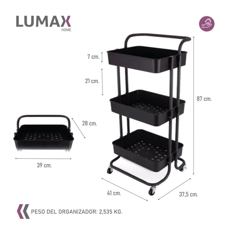 Carrito Organizador 3 Niveles Lumax con Ruedas Negro-2