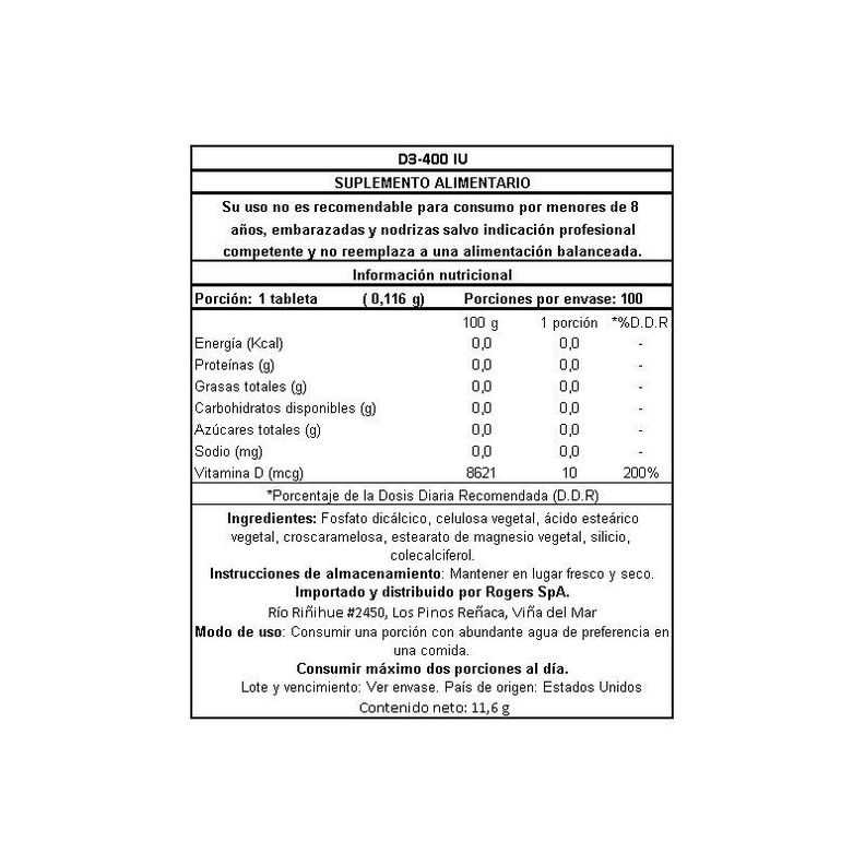 Vitamina D3 400 IU - 100 Comprimidos-1