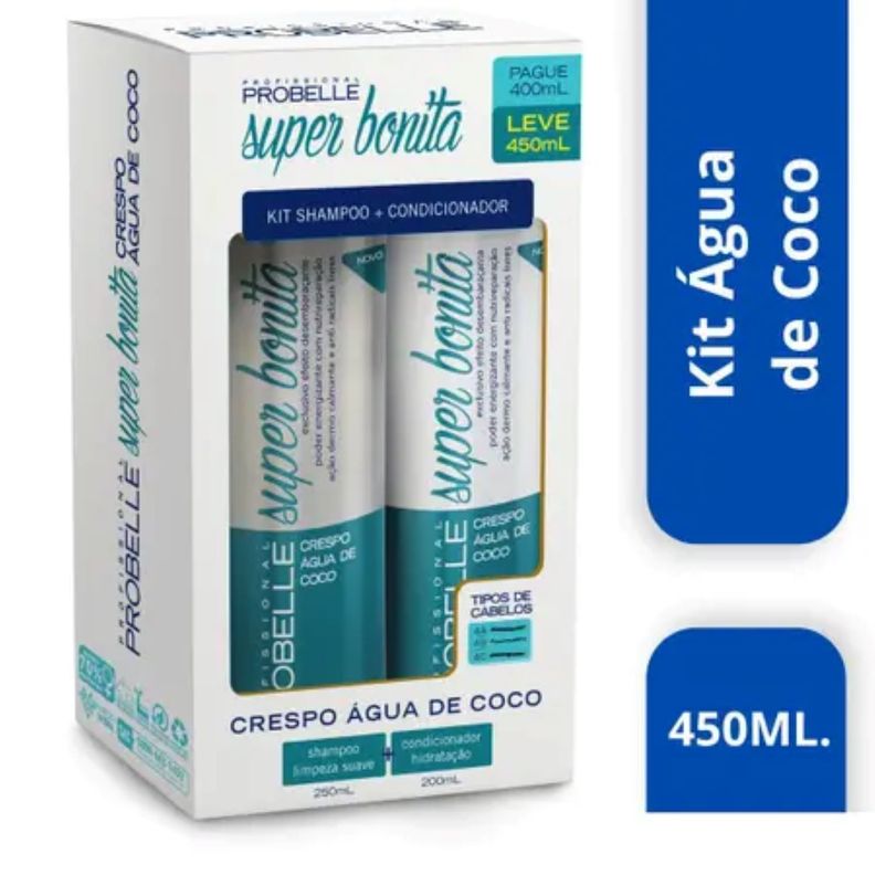 KIT SHAMPOO Y ACONDICIONADOR 450ML RIZADO AGUA DE COCO PROBELLE-1