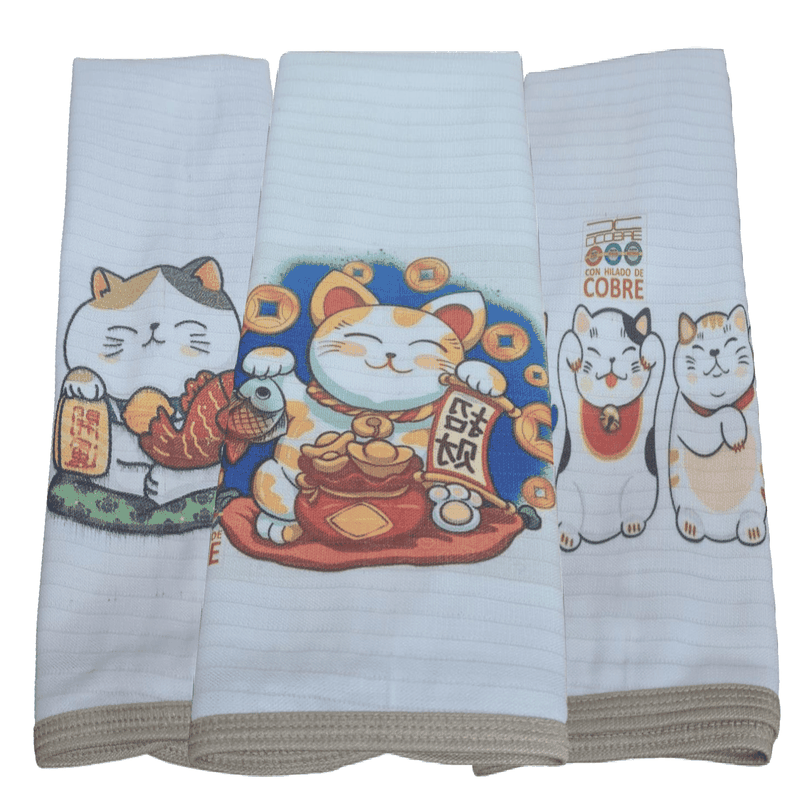 Pack 3 Paños de Cocina en Cobre modelo Gato de la Fortuna Colores-1