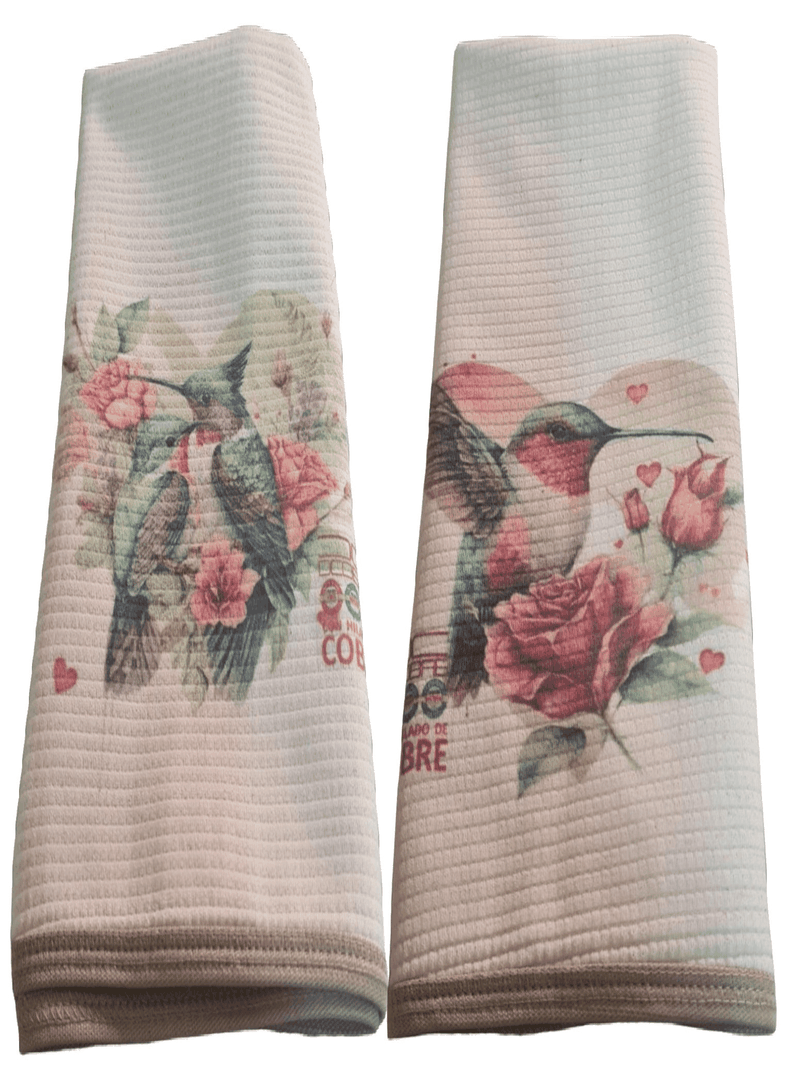 2 Paños Cocina Algodón y Cobre Colibrí y Rosa -0