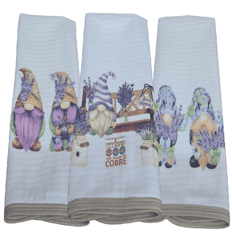 Pack 3 paños de cocina en cobre modelo duende lavanda -0