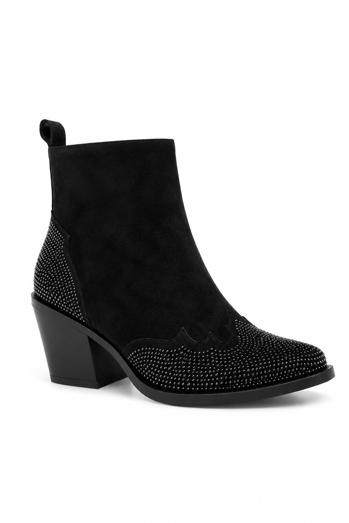 Botin Texano Negro con Tachas Gamuza Taco Ancho