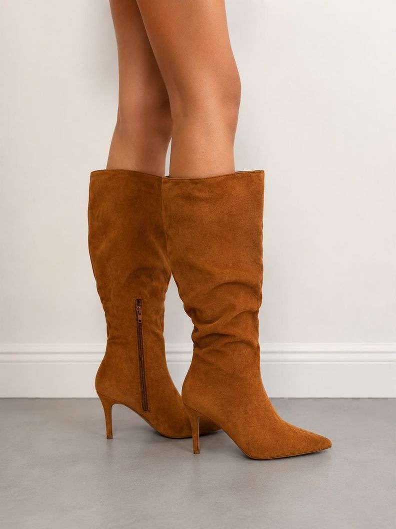 Bota Alta Camel Efecto Gamuza