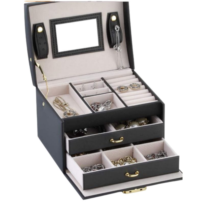 Joyero Organizador con espejo y llave Delux 3 Niveles Negro-2
