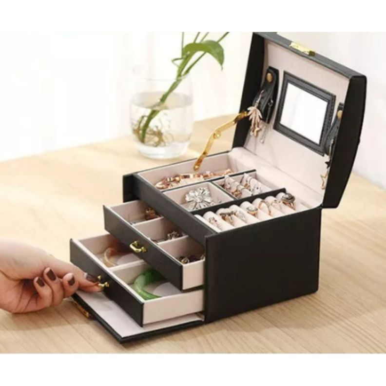 Joyero Organizador con espejo y llave Delux 3 Niveles Negro-5