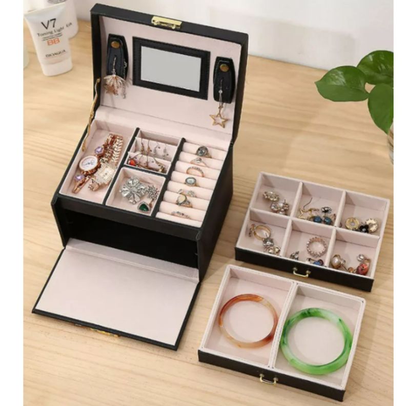Joyero Organizador con espejo y llave Delux 3 Niveles Negro-6