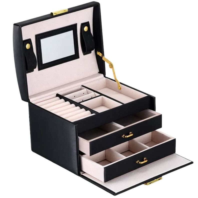Joyero Organizador con espejo y llave Delux 3 Niveles Negro-1