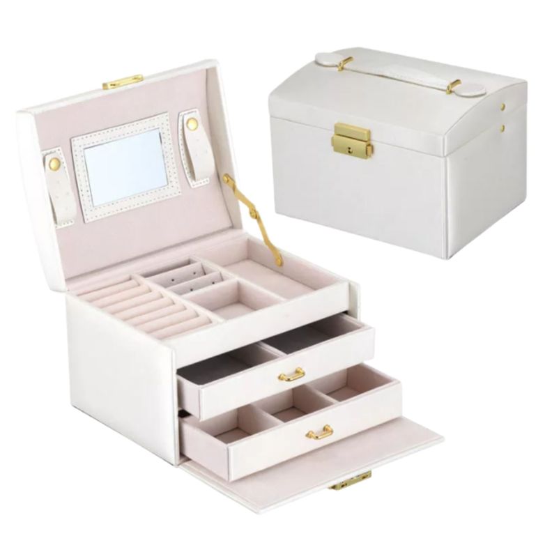 Joyero Organizador con espejo y llave Delux 3 Niveles Blanco-6