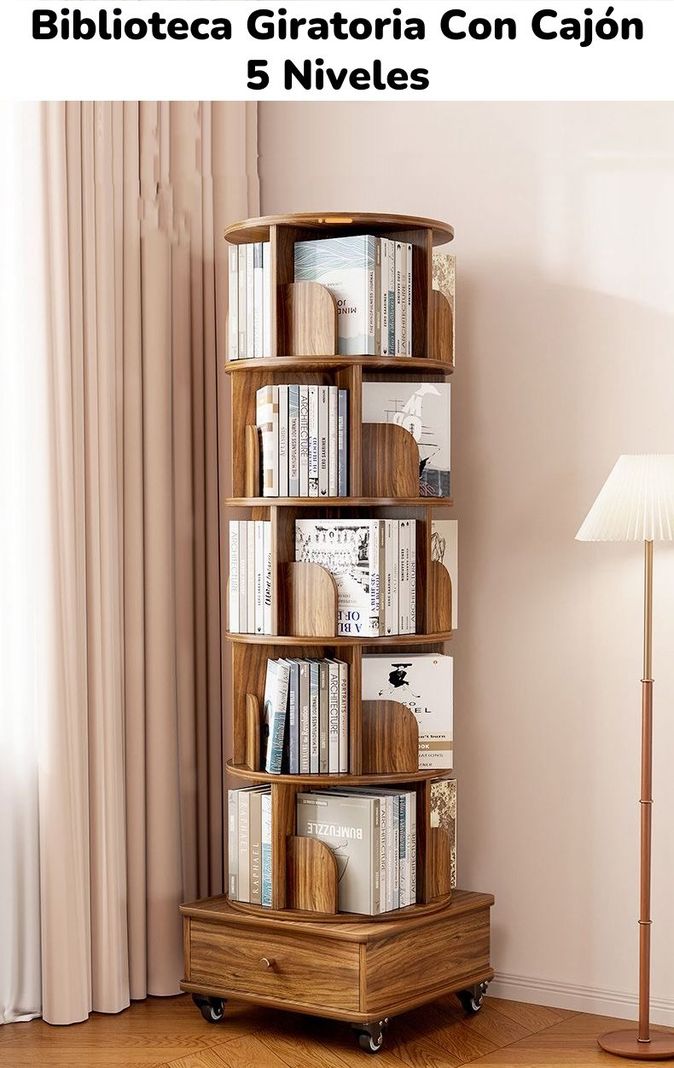 Biblioteca Giratoria 360 Librero Organizador Con Cajón 173cm-1