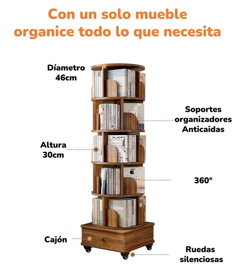 Biblioteca Giratoria 360 Librero Organizador Con Cajón 173cm-2