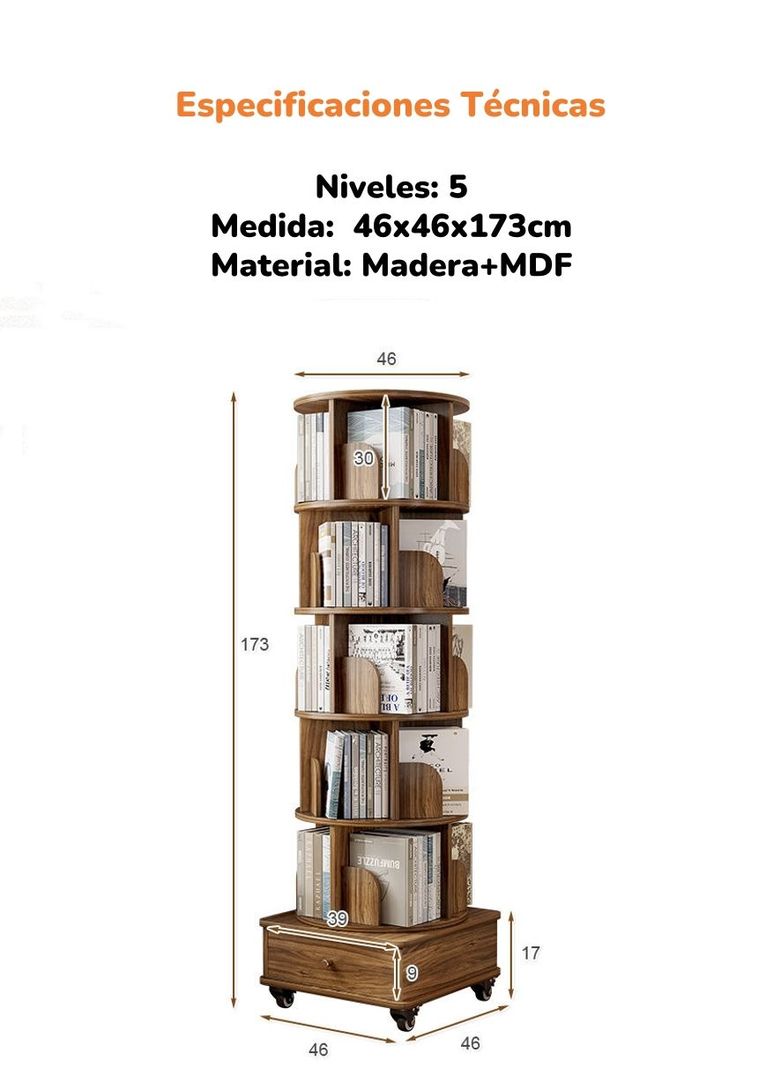 Biblioteca Giratoria 360 Librero Organizador Con Cajón 173cm-7