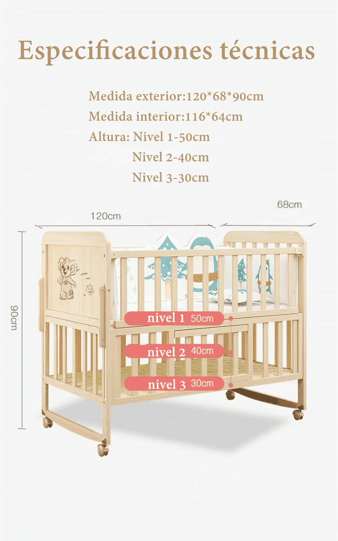 Cuna Colecho Madera Pack&Play Con Mudador LuBabycas-7