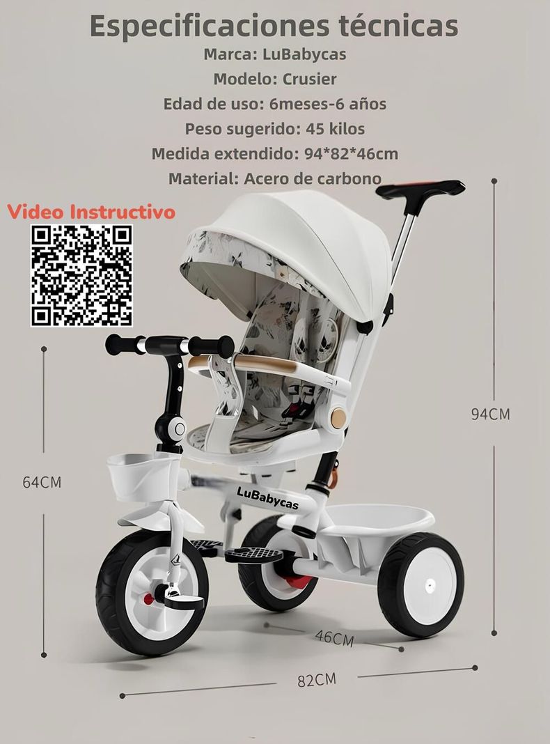 Triciclo LuBabycas 360° Multiposiciones con Mesita Blanco-7