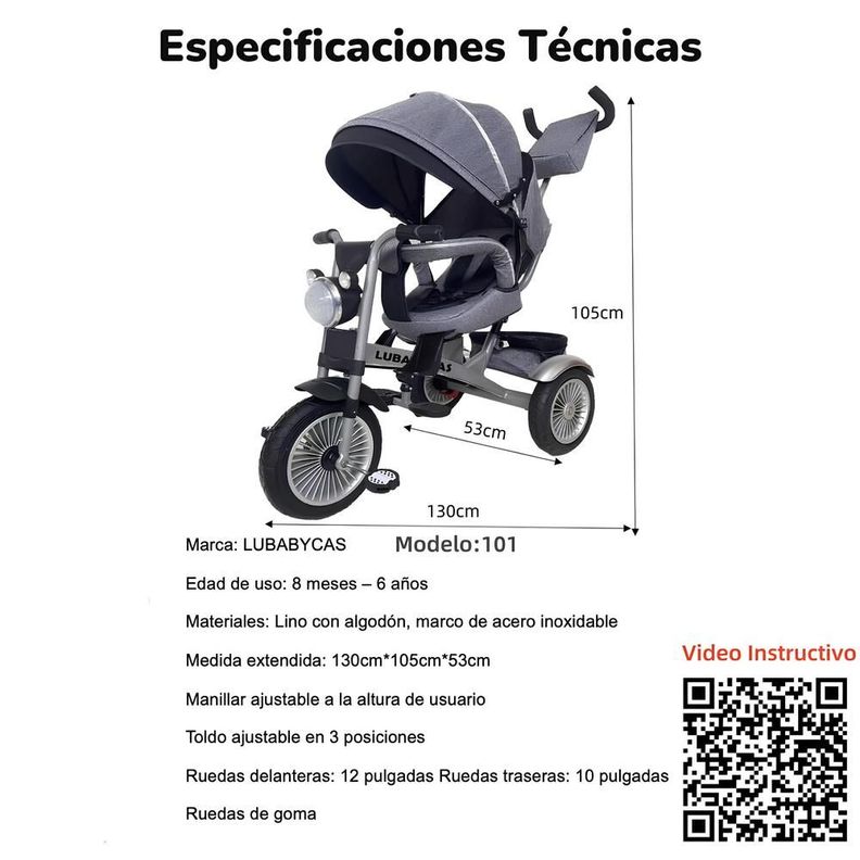 Triciclo Multifuncional 360° Con Luces Lubabycas Gris-7