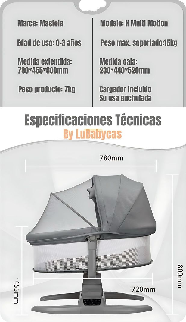 Cuna Mecedora Eléctrica 2 En 1 Mastela Gris LuBabycas-7