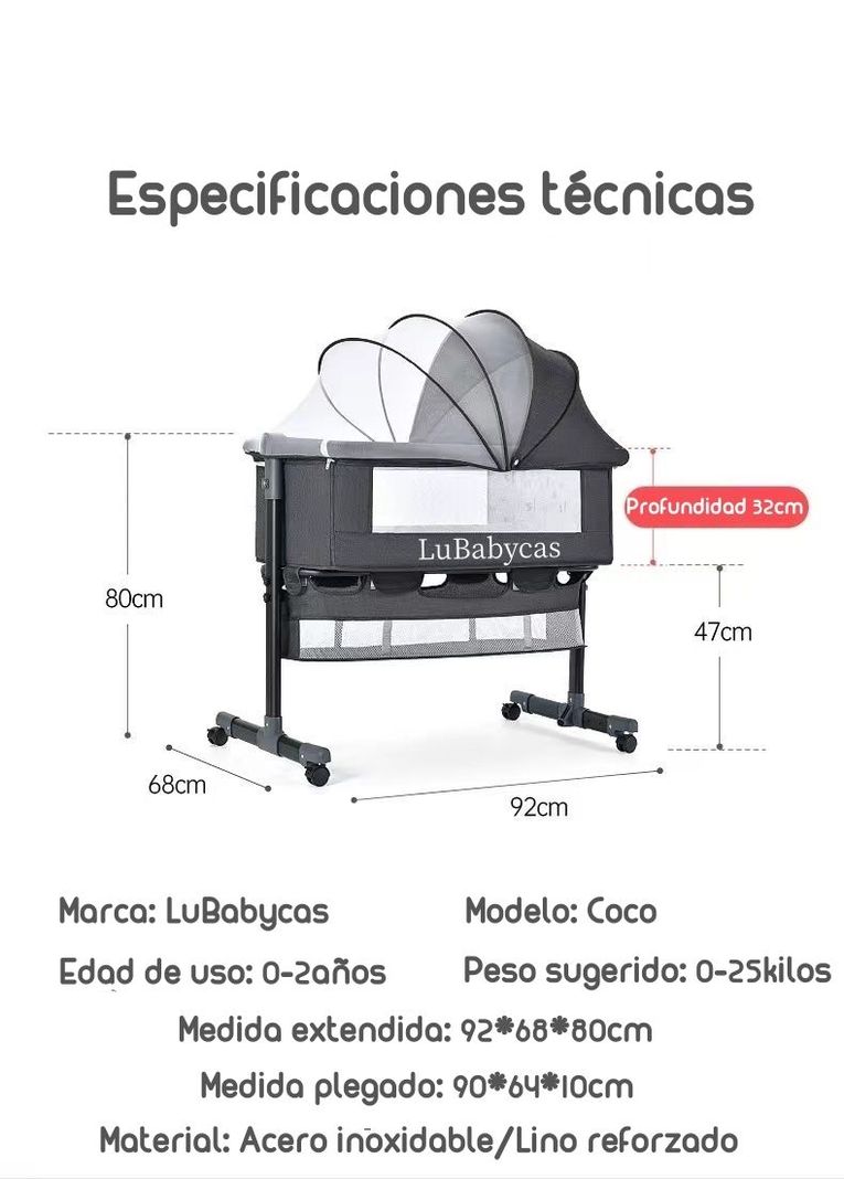 Cuna Colecho Con Mudador Y Accesorios Lubabycas Gris-6