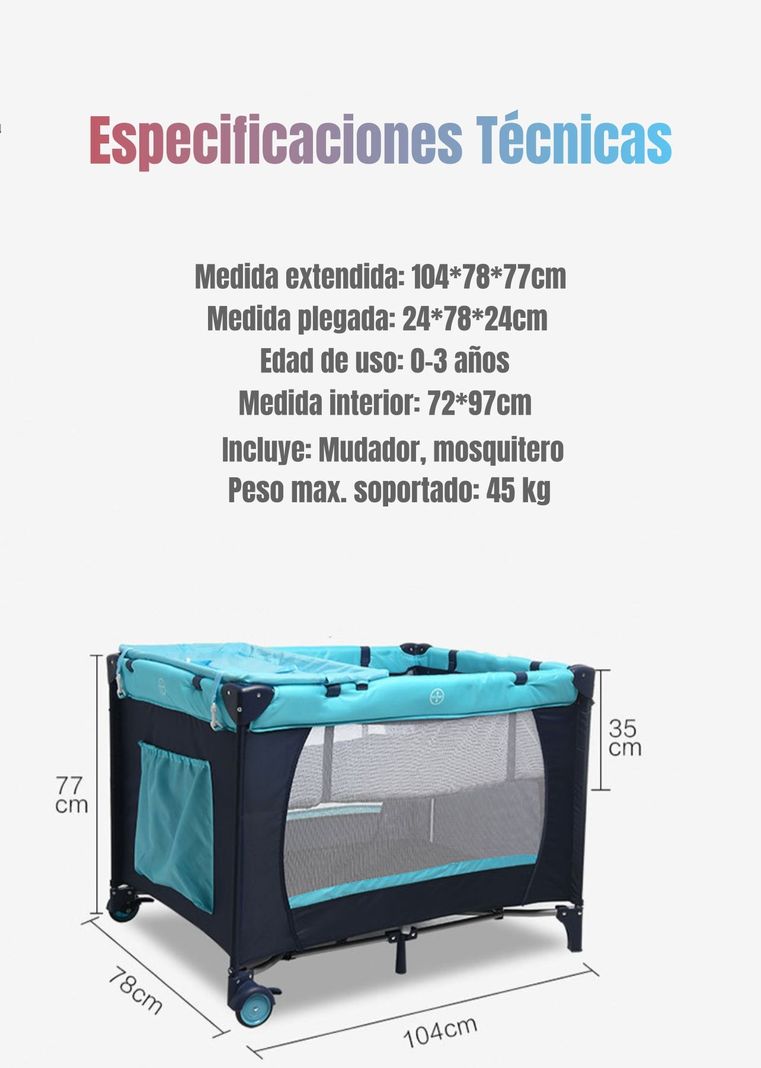Cuna Corral Con Mudador Mosquitero Colchón Azul LuBabycas-7
