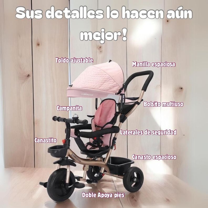Triciclo 3 En 1 Con Apoya Pies 360°LuBabycas Rosado-5
