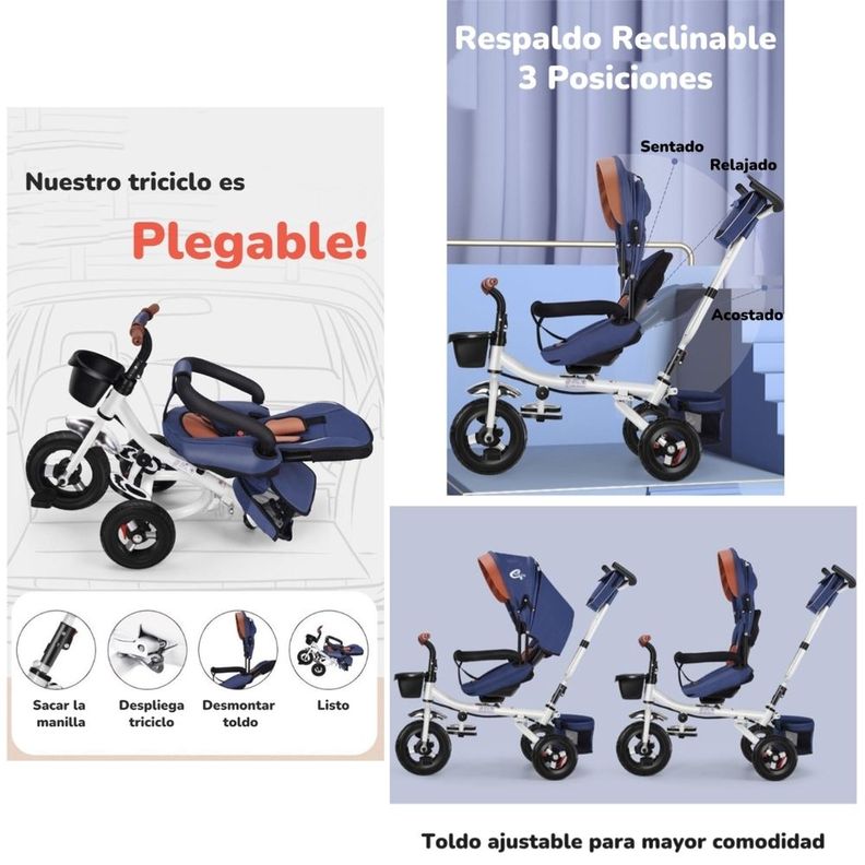 Triciclo Reversible Y Plegable Con Accesorios Azul Lubabycas-2