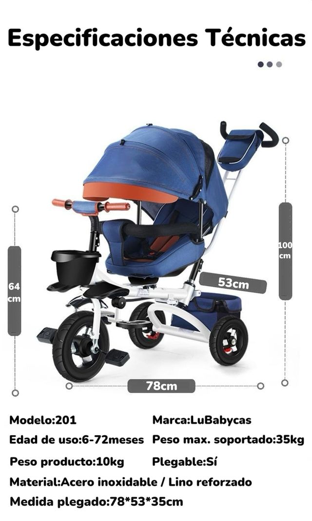 Triciclo Reversible Y Plegable Con Accesorios Azul Lubabycas-7