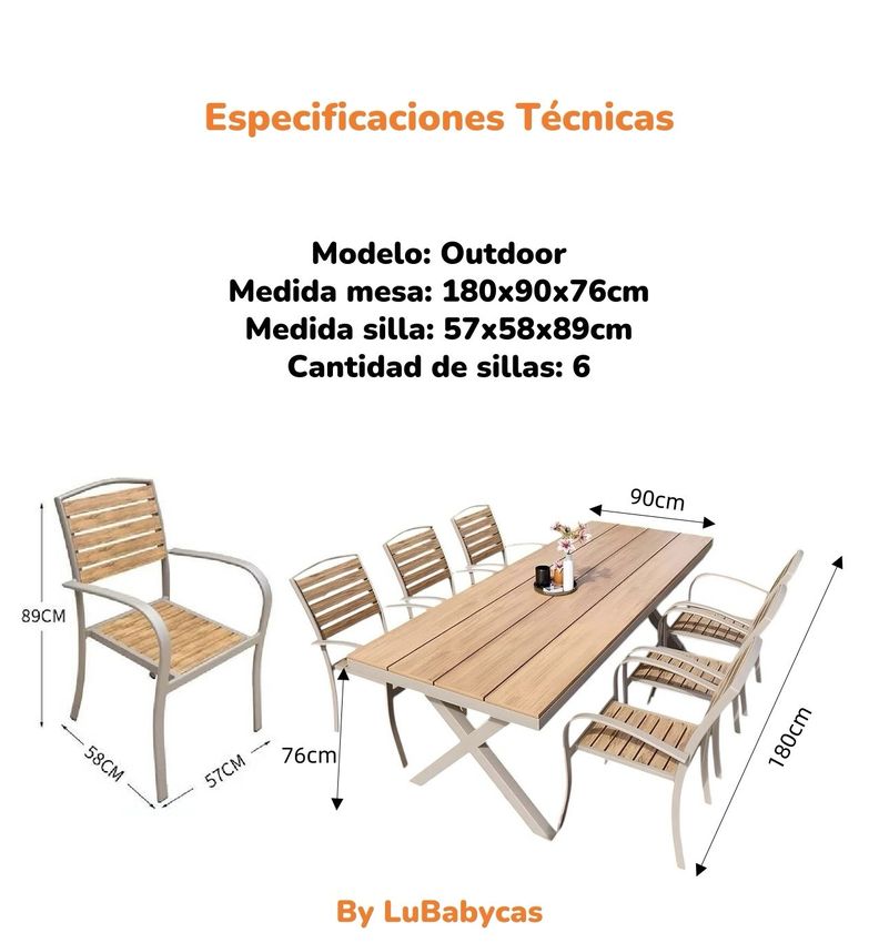 Juego De Comedor Exteriores 180CM Y 6 Sillas Impermeables-7