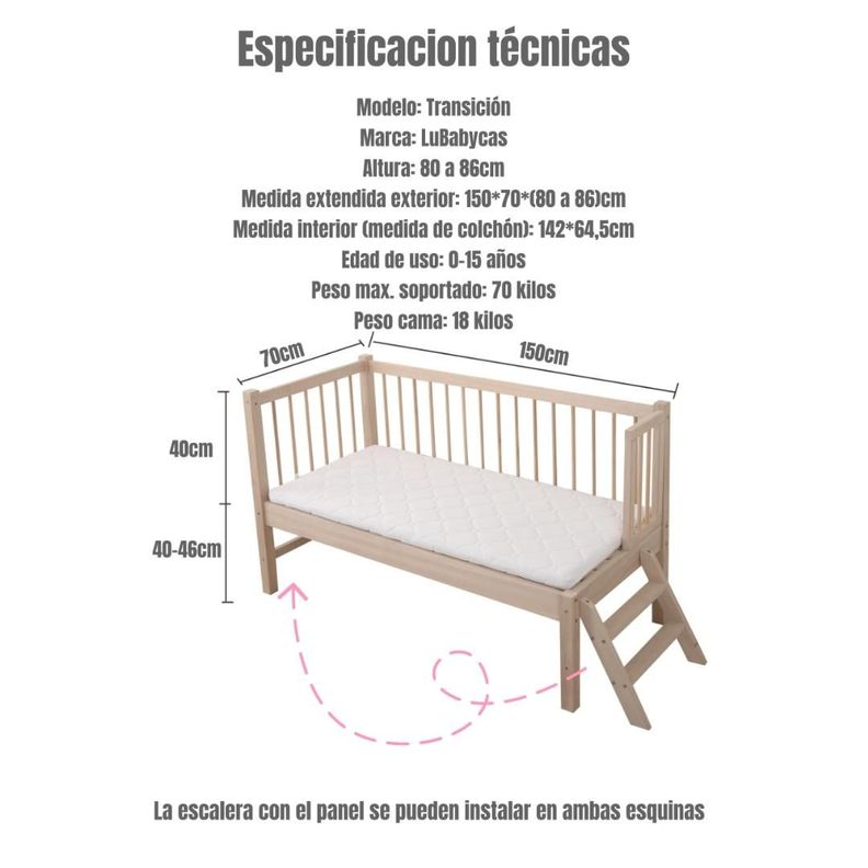 Cama Cuna Colecho Madera 150*70*86cm Con Colchón LuBabycas-6