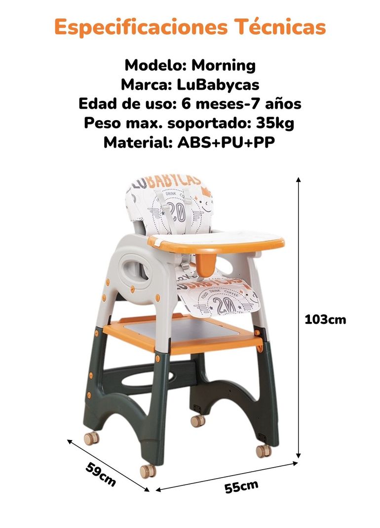 Silla De Comer Multifuncional Con Ruedas Rosada Lubabycas-7