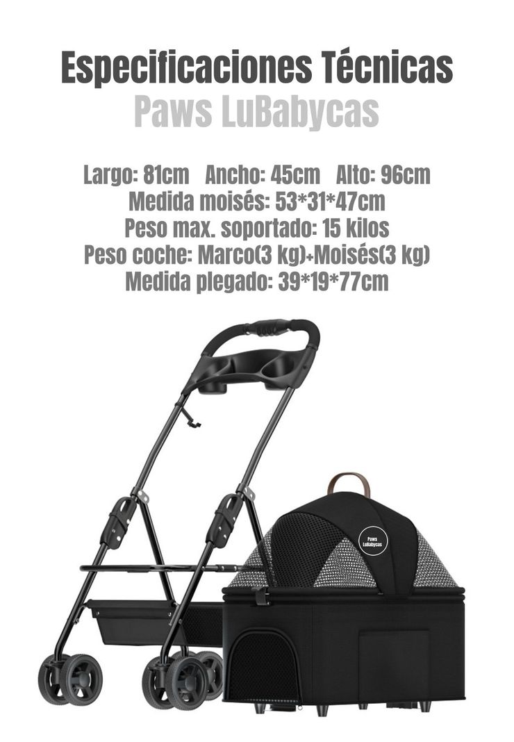 Coche Plegable 2 En 1 Para Mascotas LuBabycas Negro-7
