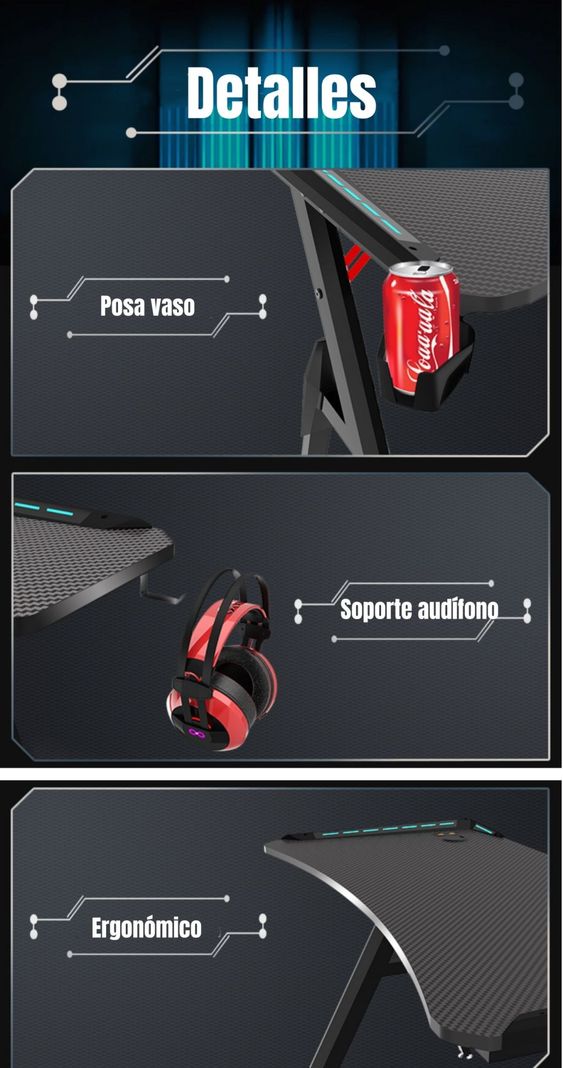 Escritorio Gamer Con Luces 140x60x73cm Negro By LuBabycas-6