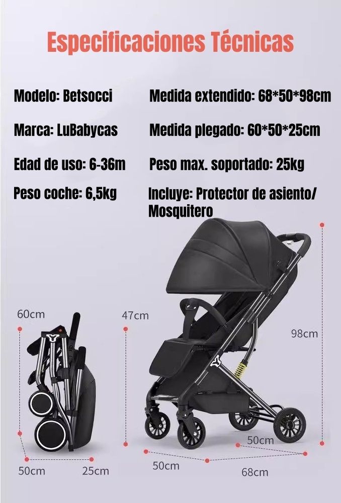 Coche De Paseo Compacto Con Accesorios Lubabycas Black-7