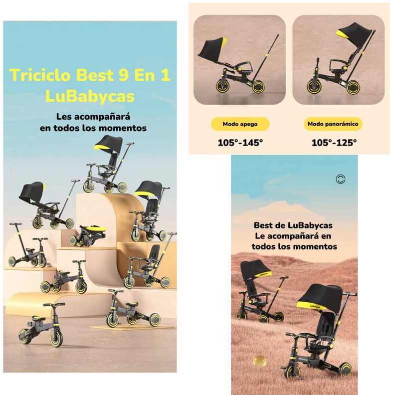Triciclo Balance Plegable Con Bolso 9 En 1 LuBabycas Rosado-1