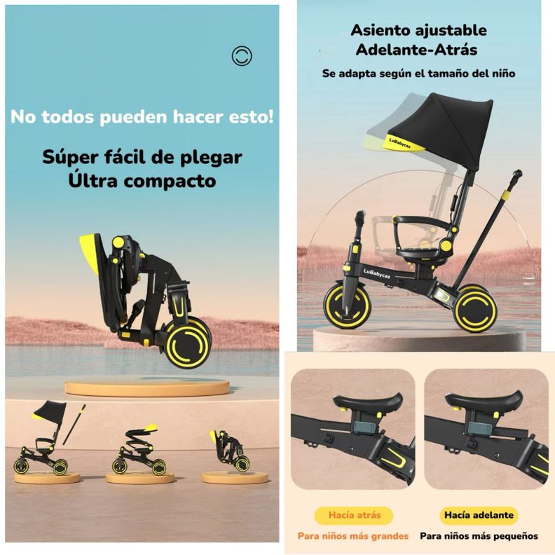 Triciclo Balance Plegable Con Bolso 9 En 1 LuBabycas Rosado-4