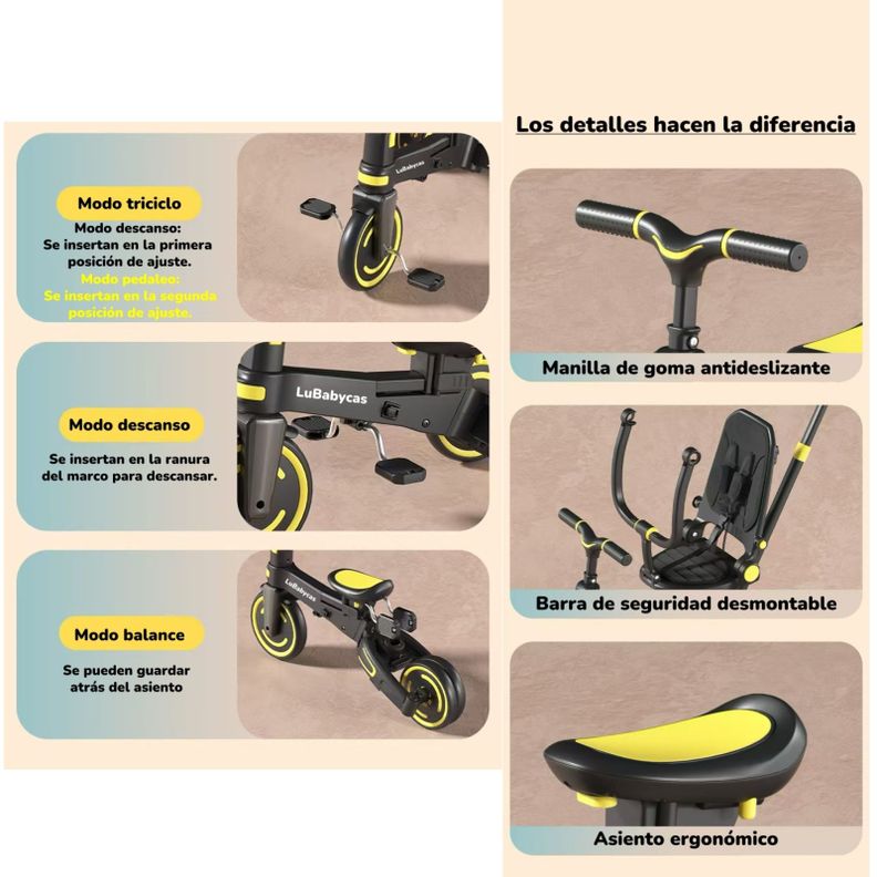 Triciclo Balance Plegable Con Bolso 9 En 1 LuBabycas Rosado-6