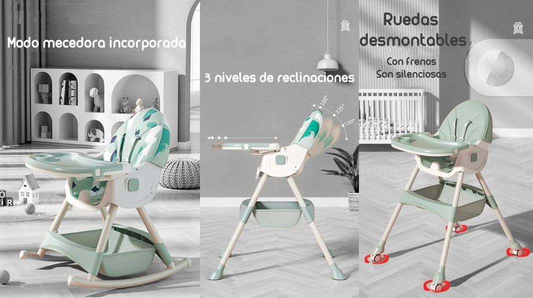 Silla De Comer Mecedora 2 En 1 Con Ruedas Verde Lubabycas-1