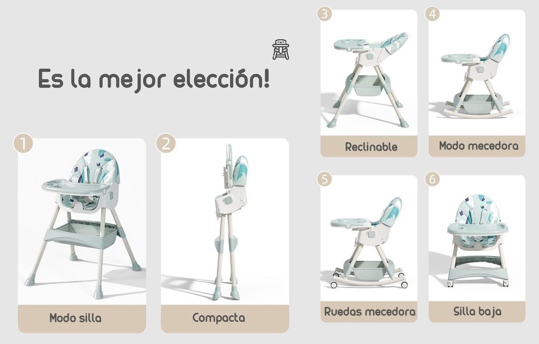 Silla De Comer Mecedora 2 En 1 Con Ruedas Verde Lubabycas-2