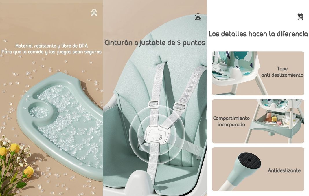 Silla De Comer Mecedora 2 En 1 Con Ruedas Verde Lubabycas-5